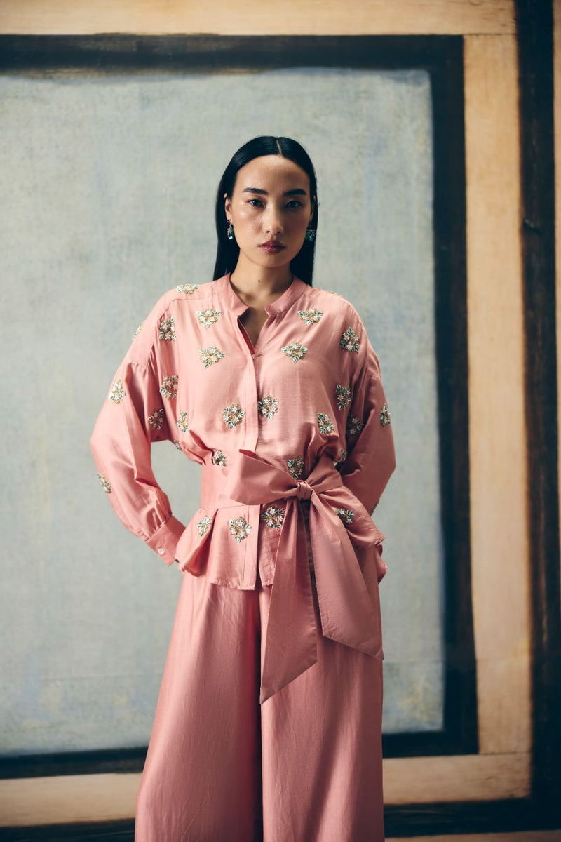 AIMI SHIRT SET silk by Paulmi & Harsh in pink color for women Worldwide