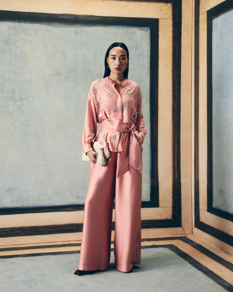 AIMI SHIRT SET silk by Paulmi & Harsh in pink color for women Worldwide