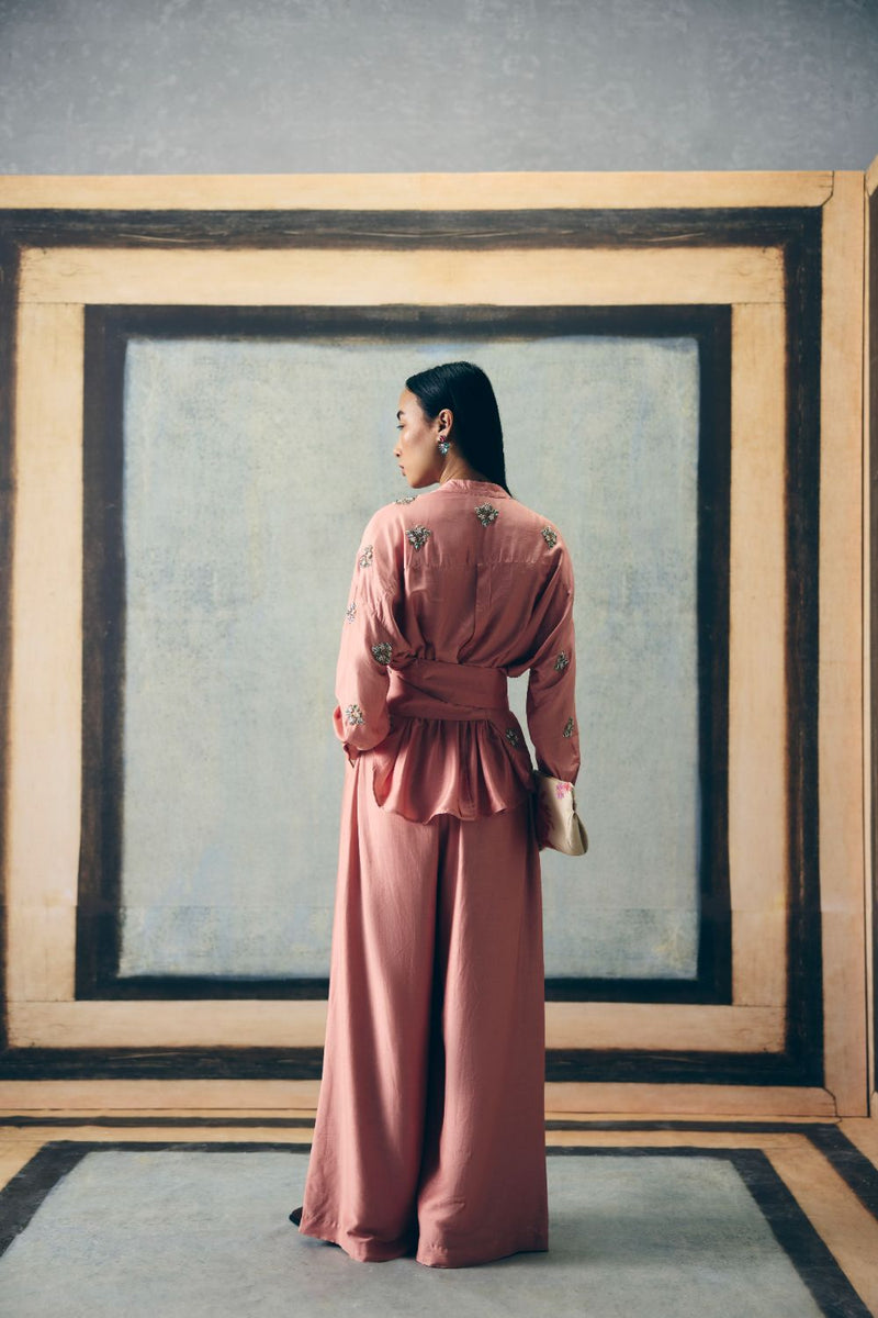 AIMI SHIRT SET silk by Paulmi & Harsh in pink color for women Worldwide