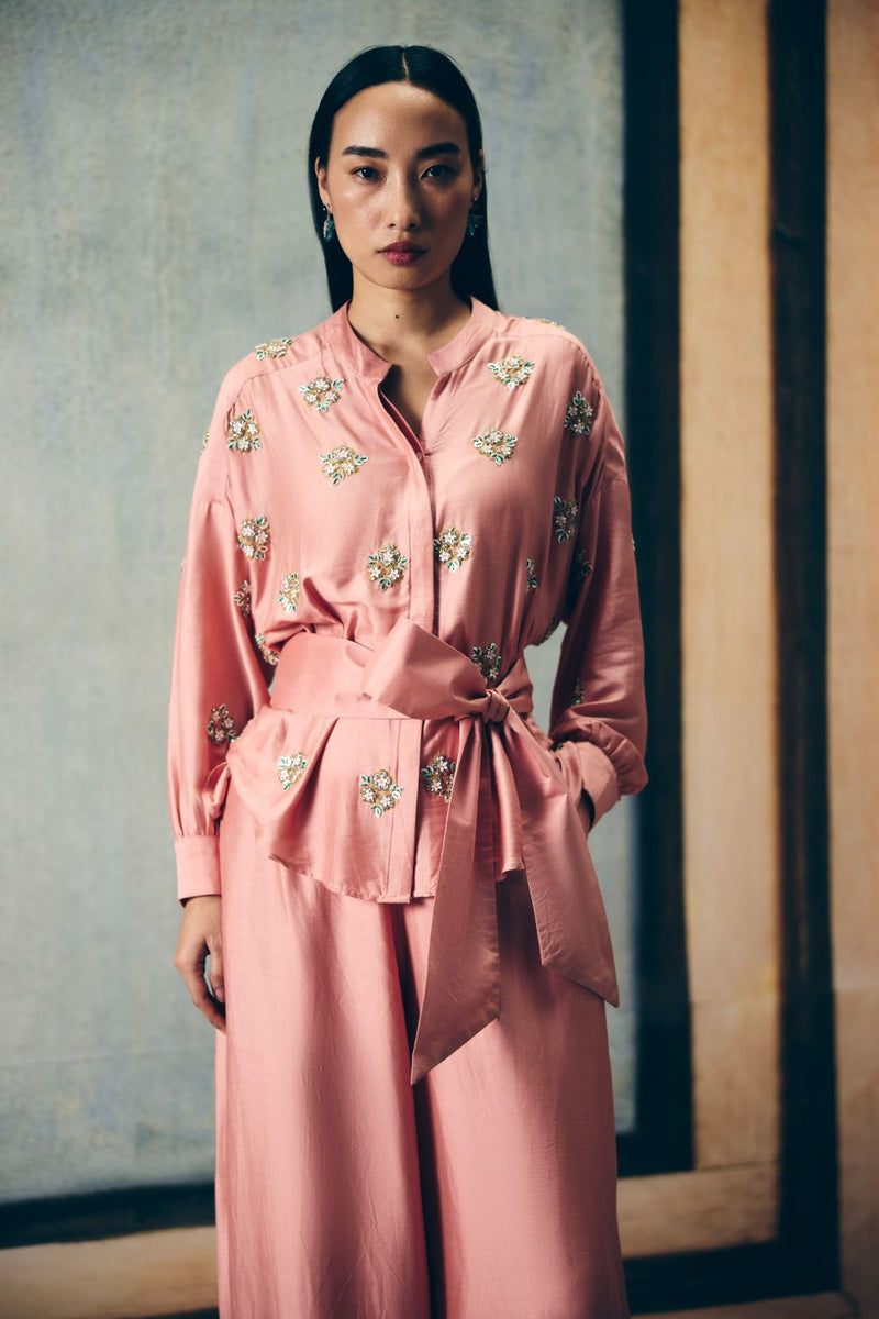 AIMI SHIRT SET silk by Paulmi & Harsh in pink color for women Worldwide