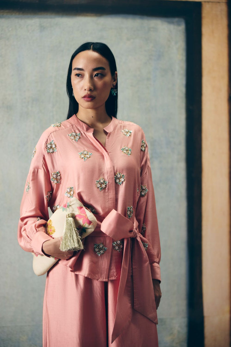 AIMI SHIRT SET silk by Paulmi & Harsh in pink color for women Worldwide