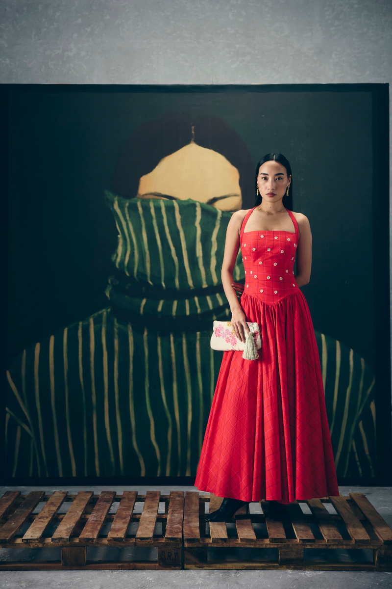 AKARI DRESS- RED poplin by Paulmi & Harsh in red color for women Worldwide