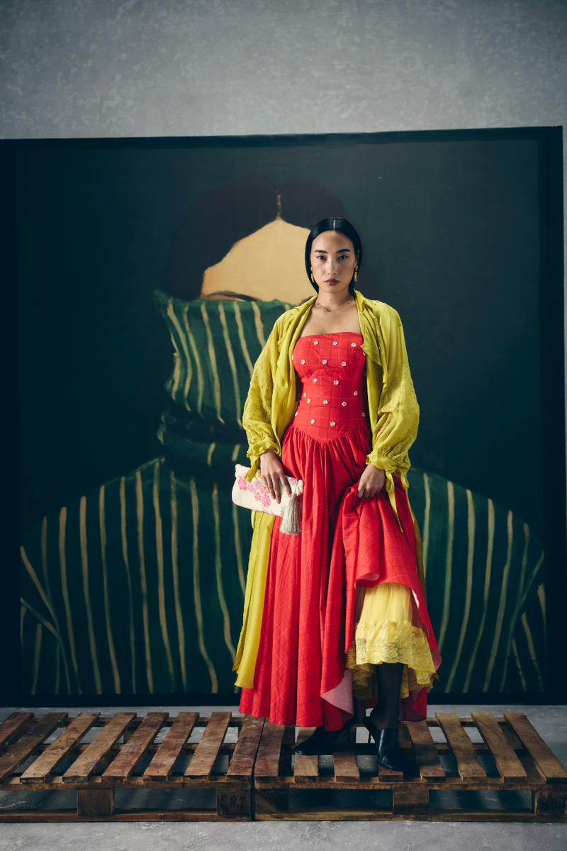 AKARI DRESS- RED poplin by Paulmi & Harsh in red color for women Worldwide