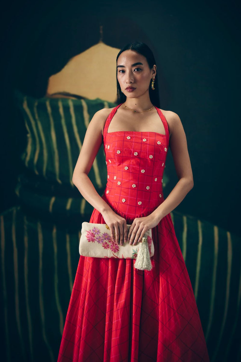 AKARI DRESS- RED poplin by Paulmi & Harsh in red color for women Worldwide