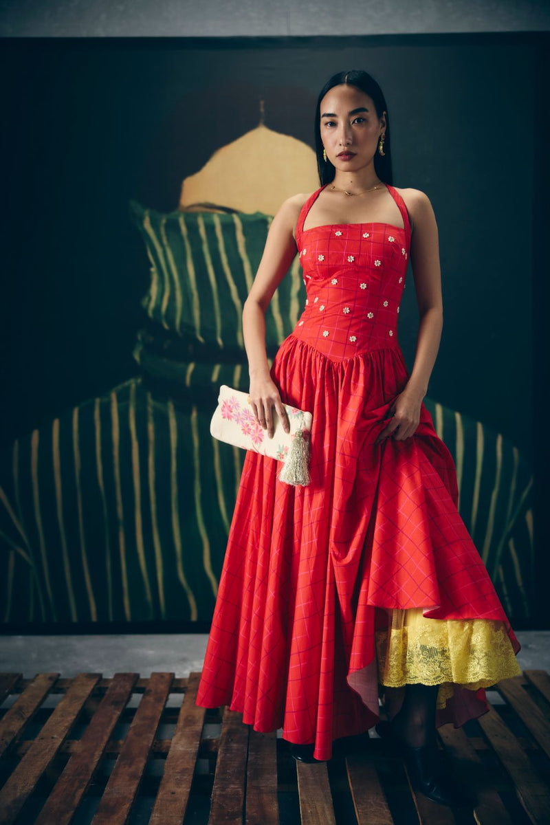 AKARI DRESS- RED poplin by Paulmi & Harsh in red color for women Worldwide