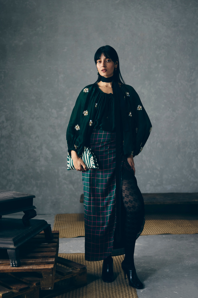 RURI SHIRT SET silk by Paulmi & Harsh in green color for women Worldwide