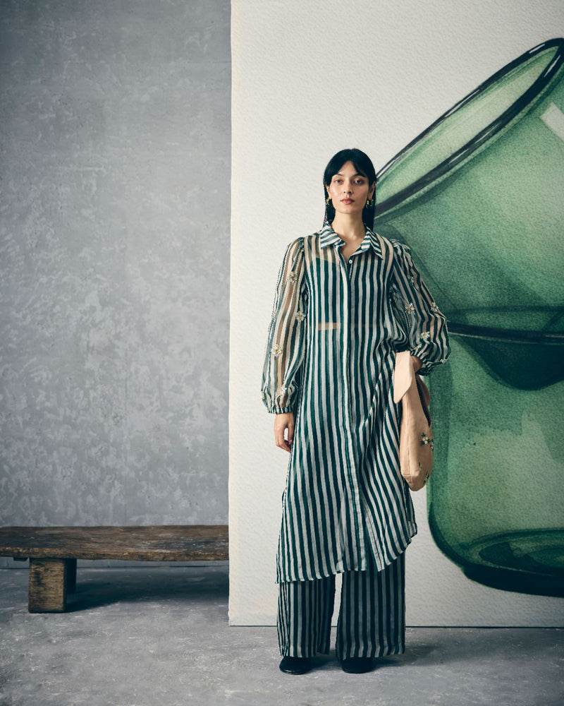 MIDORI KURTA SET organza by Paulmi & Harsh in green color for women Worldwide