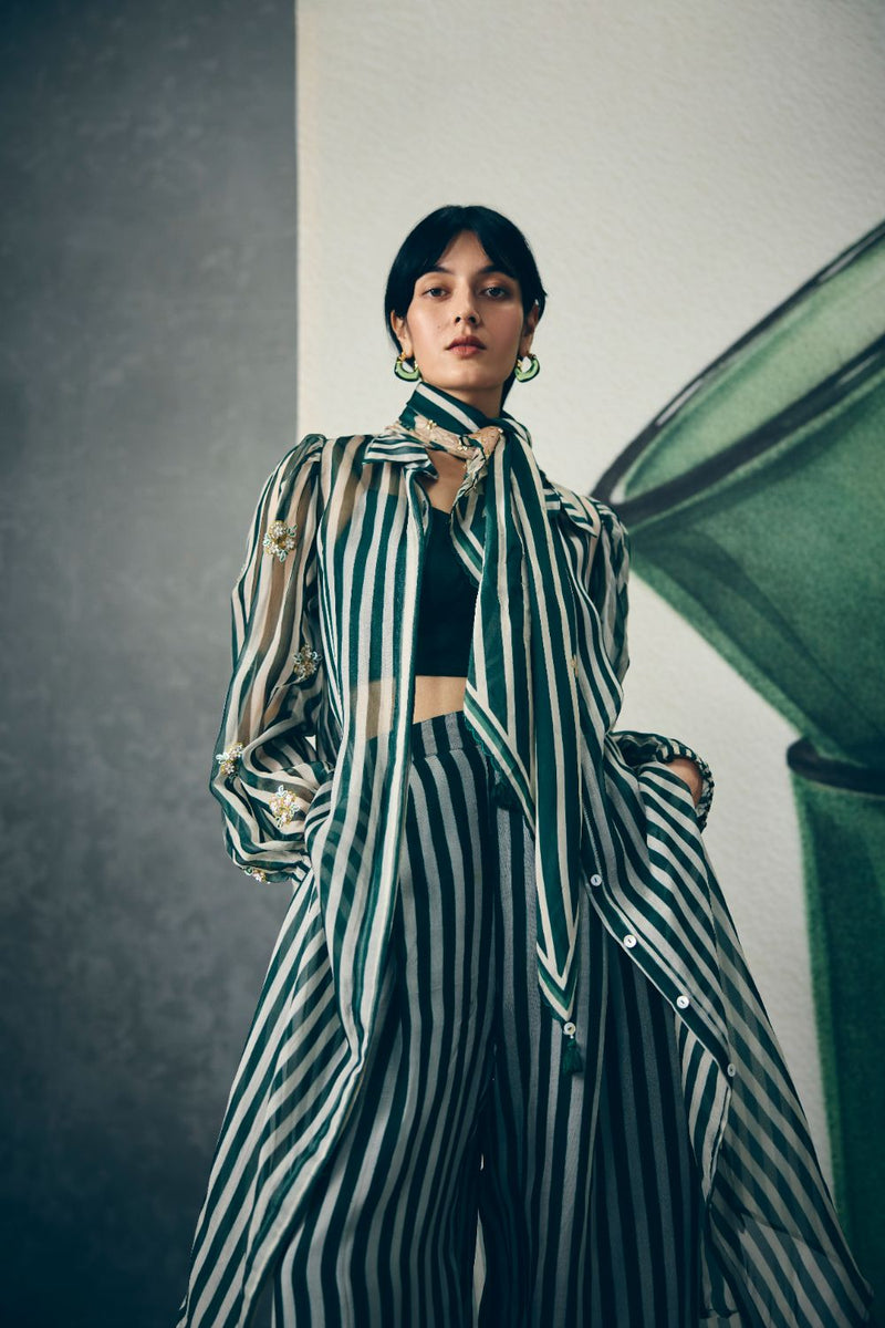 MIDORI KURTA SET organza by Paulmi & Harsh in green color for women Worldwide