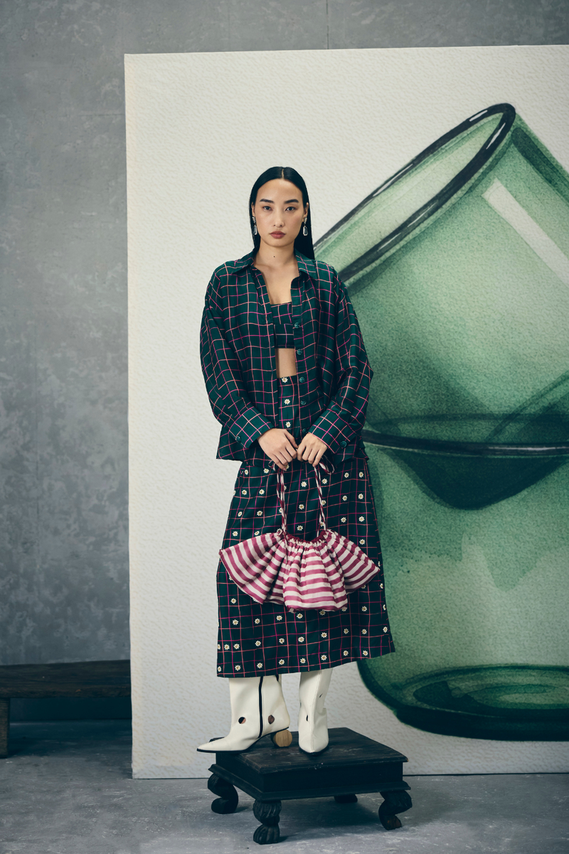 MIKA SKIRT SET silk by Paulmi & Harsh in green color for women Worldwide