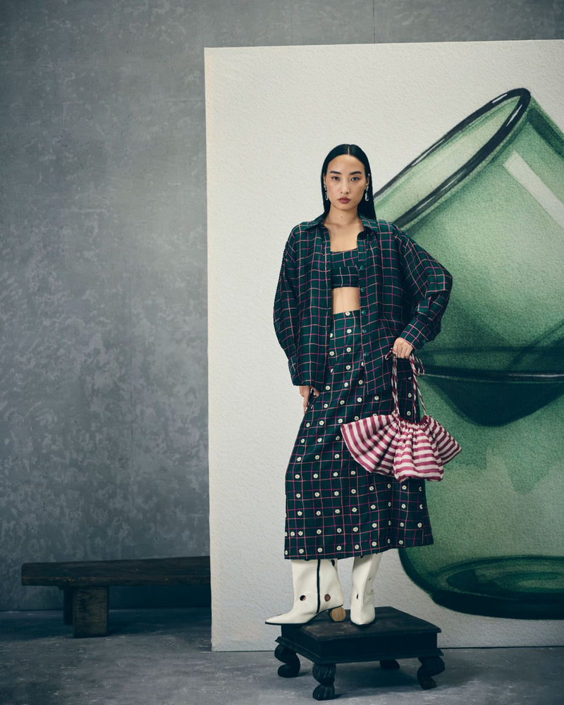 MIKA SKIRT SET silk by Paulmi & Harsh in green color for women Worldwide