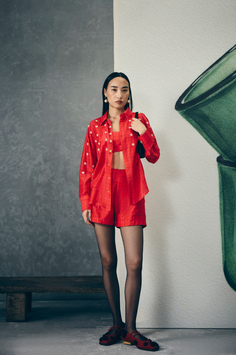 NORI SHIRT SET-RED silk by Paulmi & Harsh in red color for women Worldwide