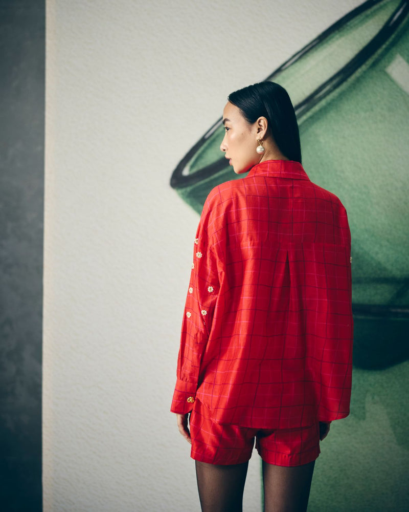 NORI SHIRT SET-RED silk by Paulmi & Harsh in red color for women Worldwide