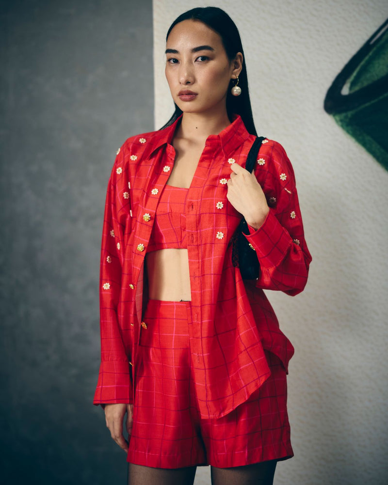 NORI SHIRT SET-RED silk by Paulmi & Harsh in red color for women Worldwide
