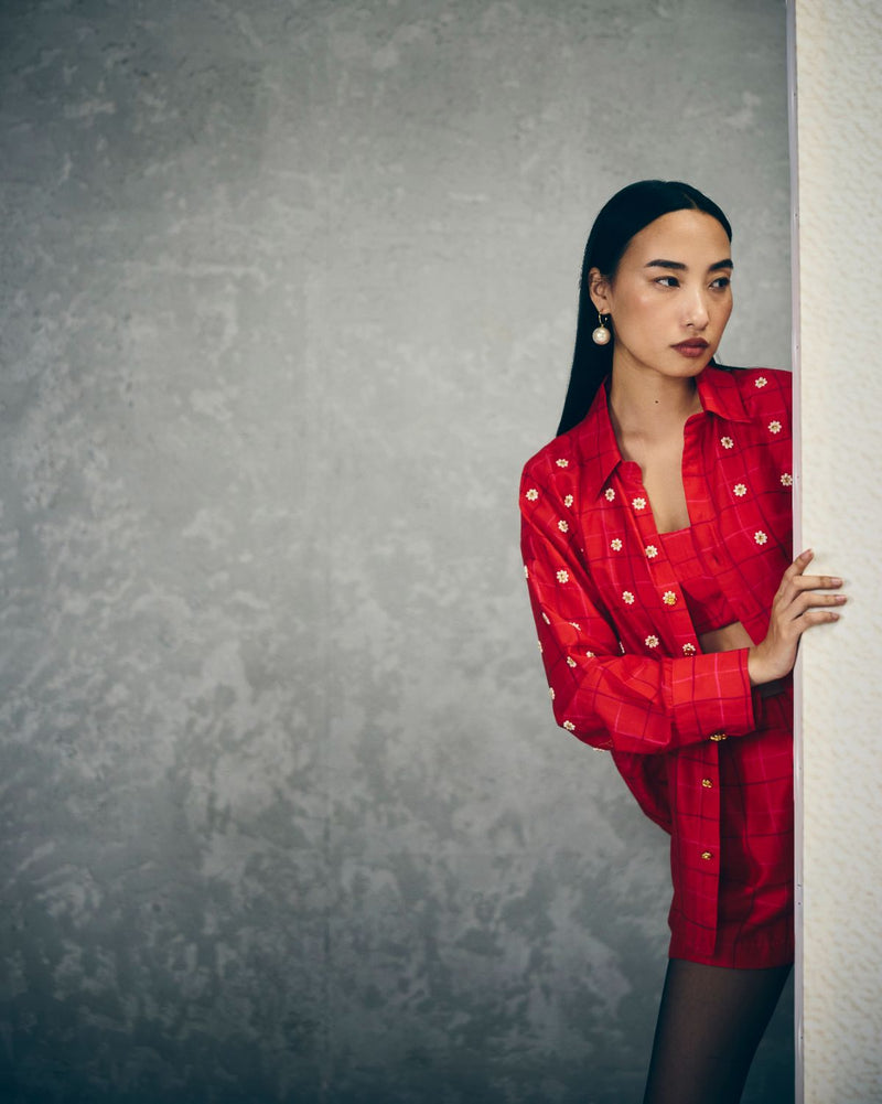 NORI SHIRT SET-RED silk by Paulmi & Harsh in red color for women Worldwide