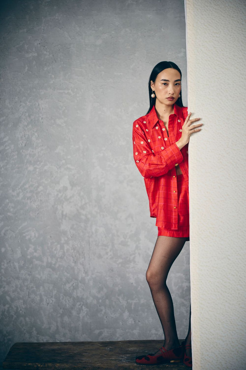 NORI SHIRT SET-RED silk by Paulmi & Harsh in red color for women Worldwide