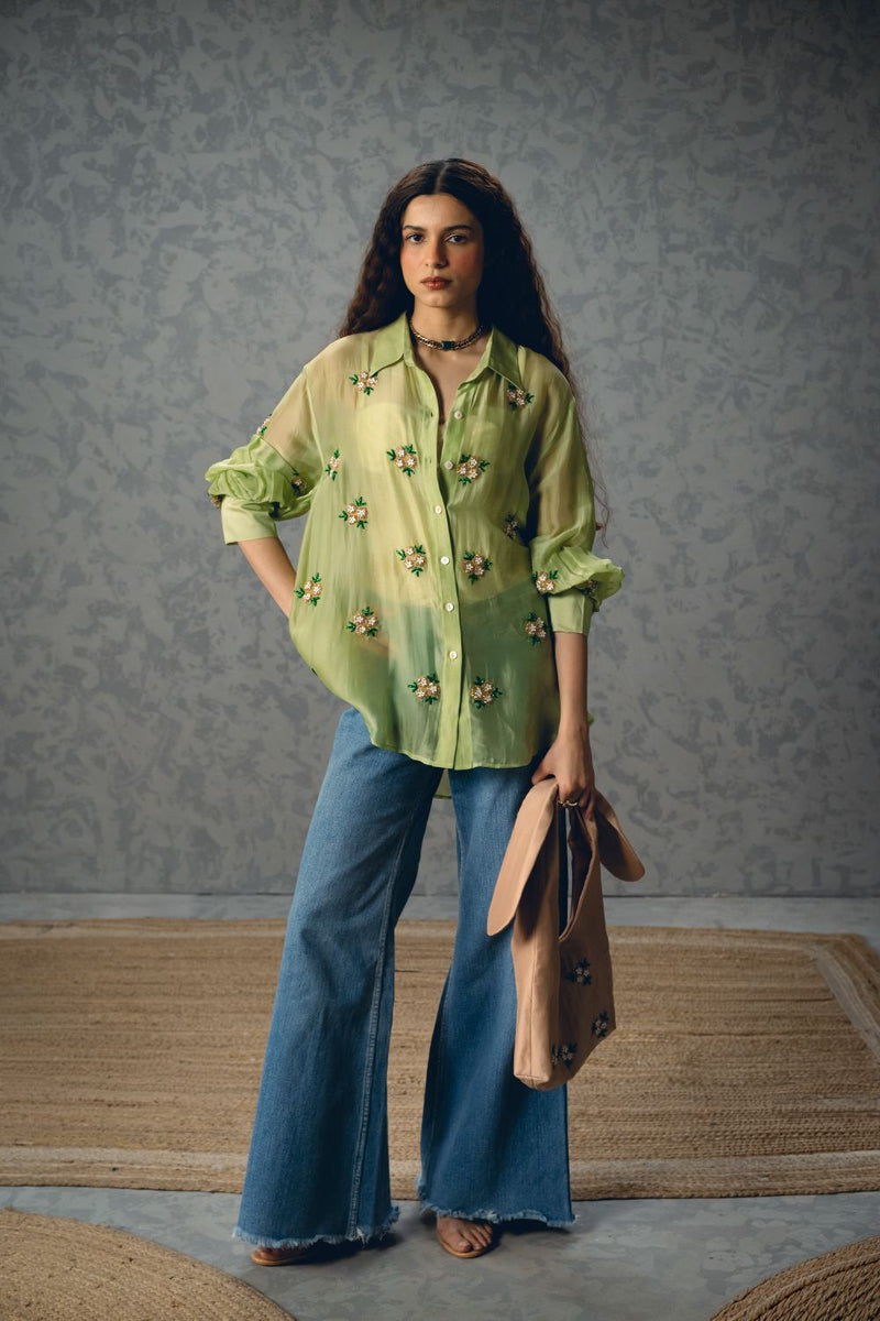 ROMY SHIRT organza by Paulmi & Harsh in green color for women Worldwide