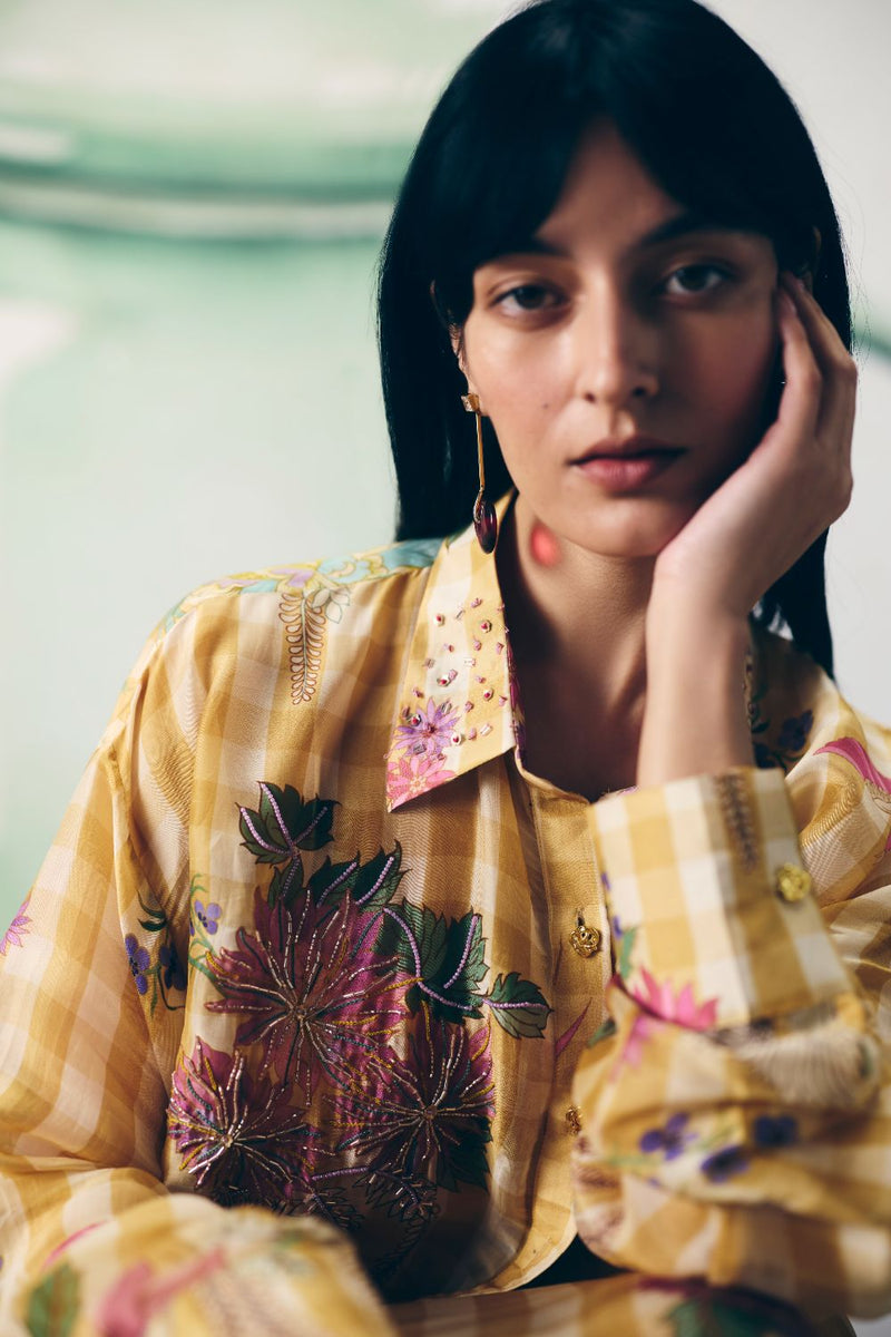 YUKI SHIRT SET organza by Paulmi & Harsh in yellow color for women Worldwide
