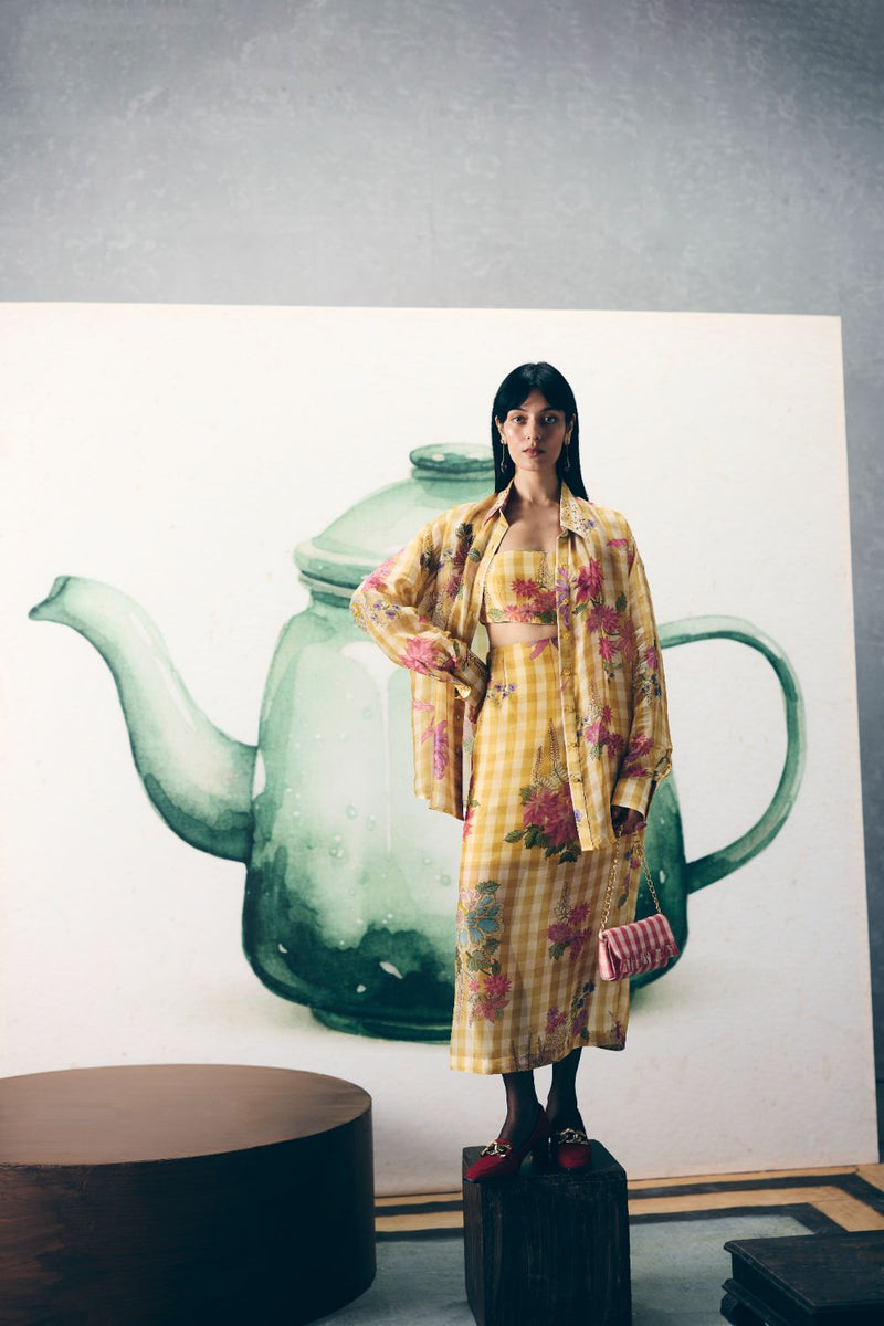 YUKI SHIRT SET organza by Paulmi & Harsh in yellow color for women Worldwide