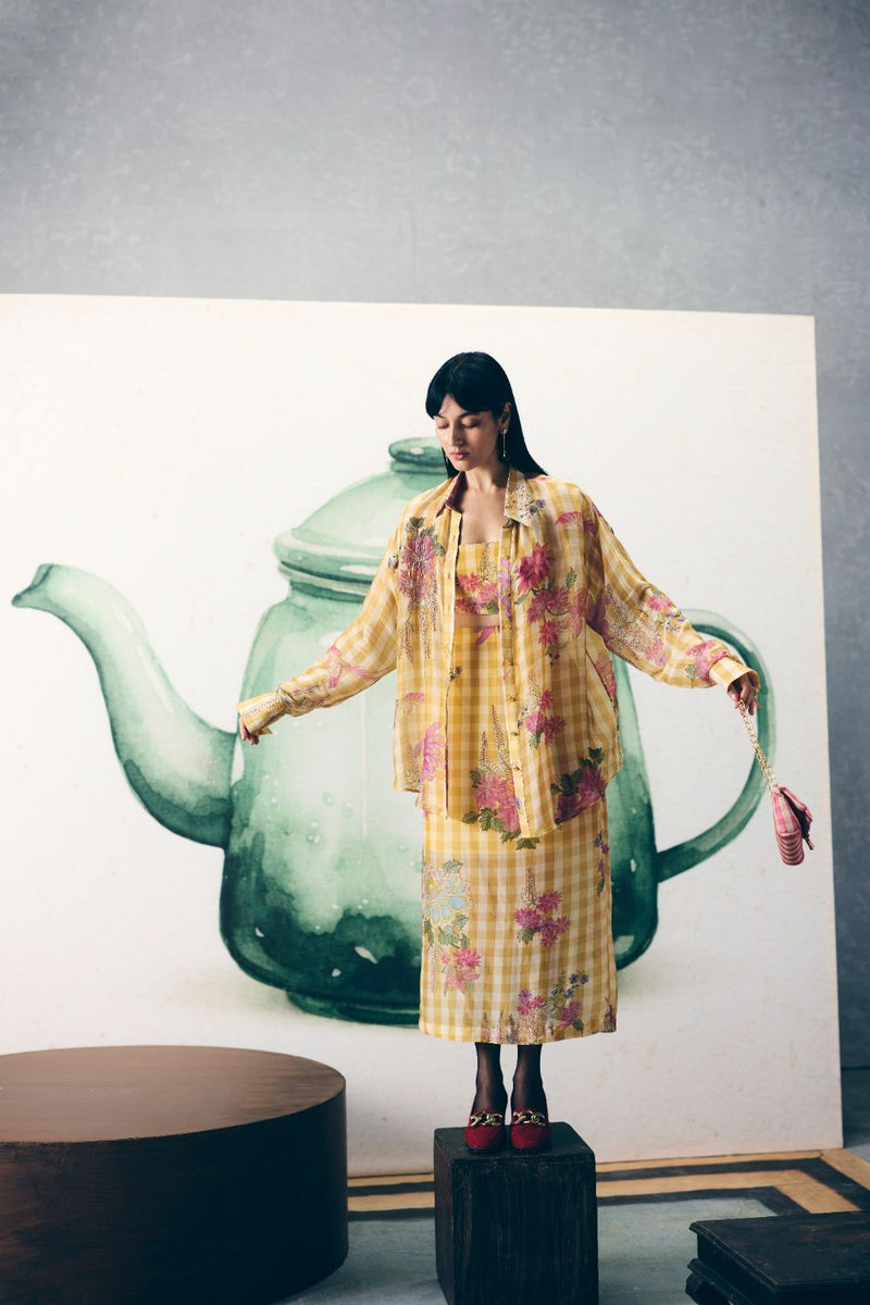 YUKI SHIRT SET organza by Paulmi & Harsh in yellow color for women Worldwide