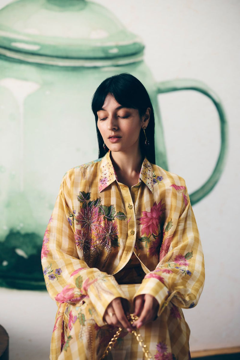 YUKI SHIRT SET organza by Paulmi & Harsh in yellow color for women Worldwide
