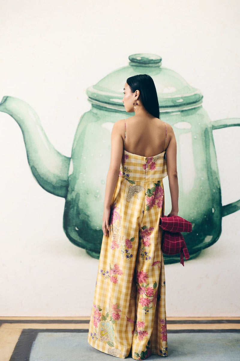 HIMARI JUMPSUIT silk by Paulmi & Harsh in yellow color for women Worldwide
