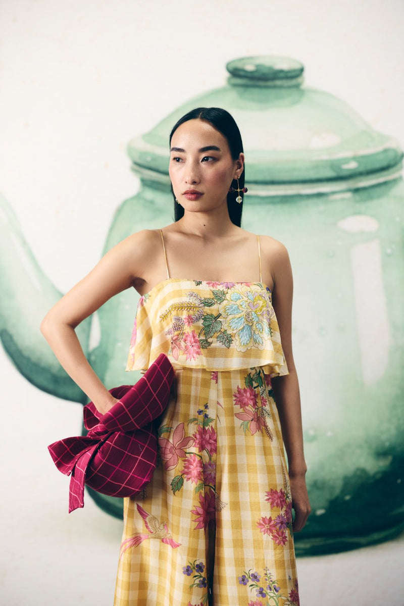 HIMARI JUMPSUIT silk by Paulmi & Harsh in yellow color for women Worldwide