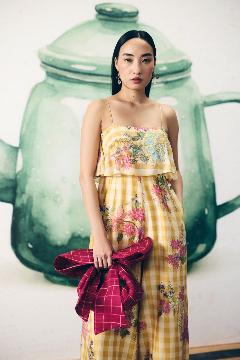 HIMARI JUMPSUIT silk by Paulmi & Harsh in yellow color for women Worldwide