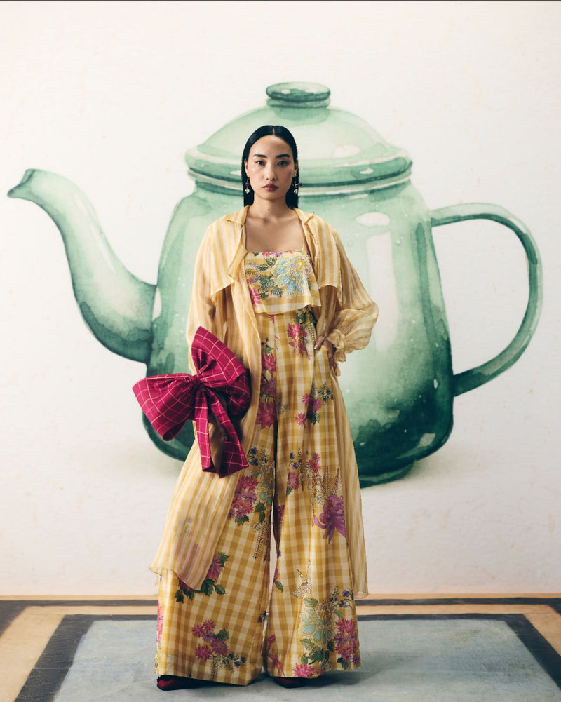 HIMARI JUMPSUIT silk by Paulmi & Harsh in yellow color for women Worldwide