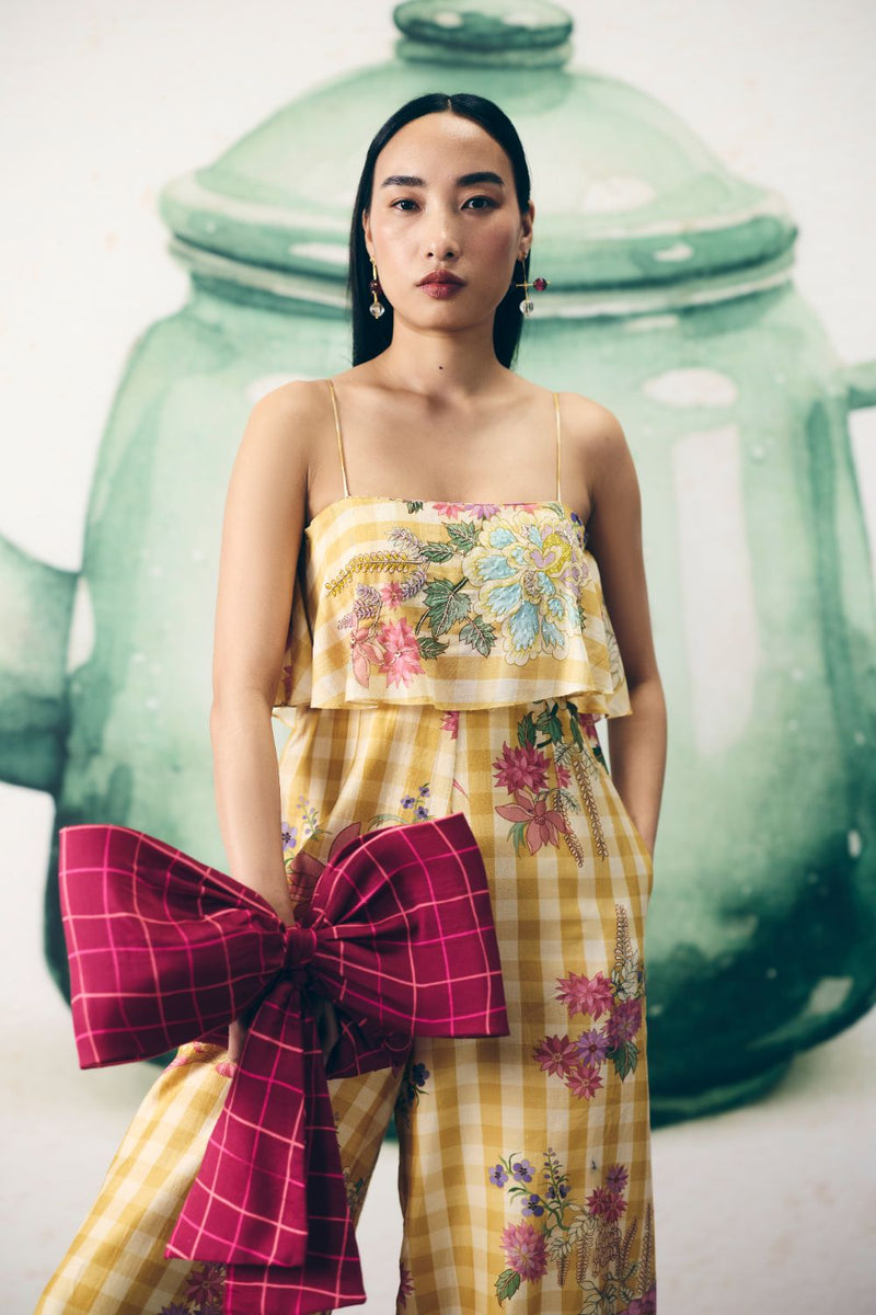 HIMARI JUMPSUIT silk by Paulmi & Harsh in yellow color for women Worldwide
