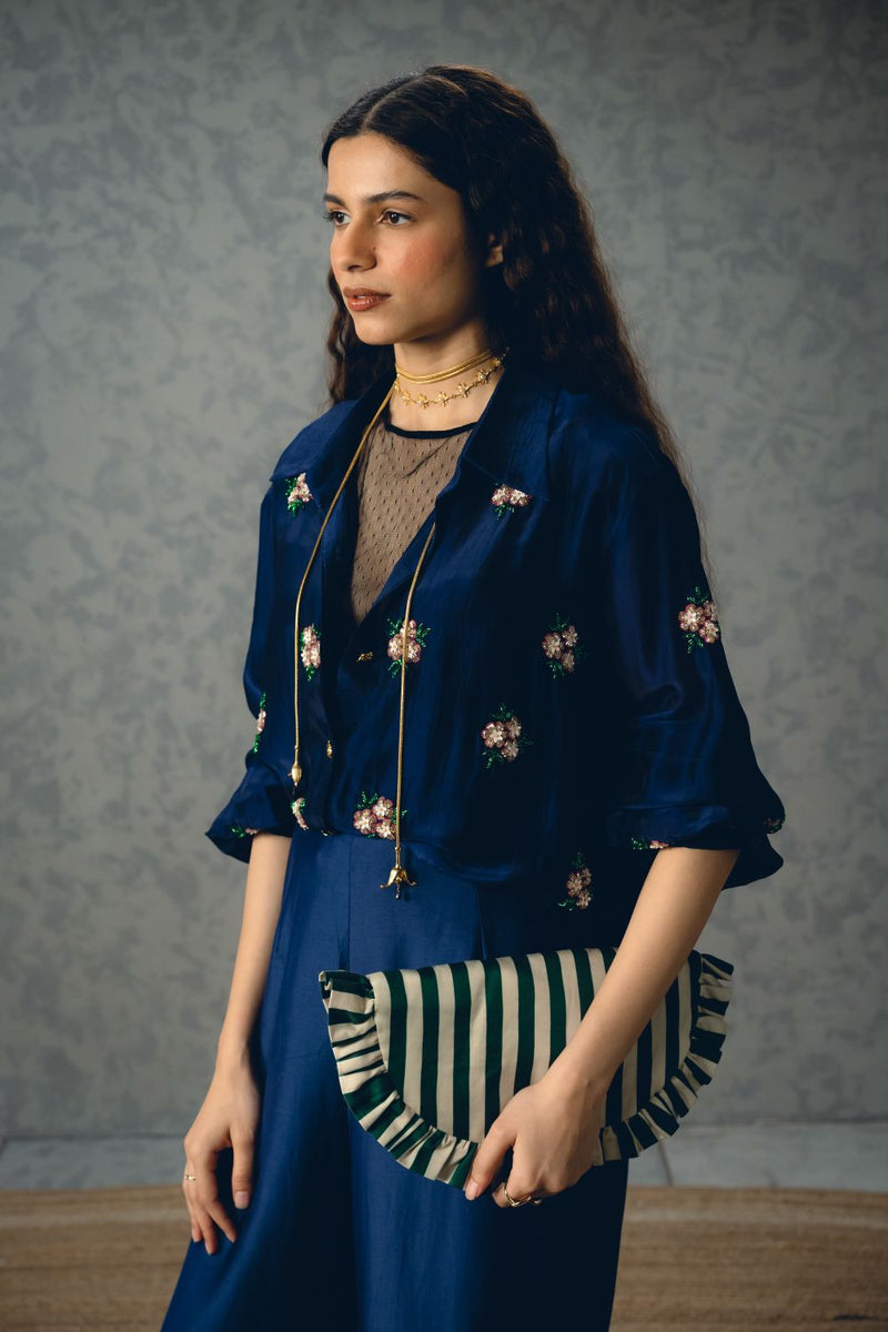 TAKSU SHIRT SET silk organza co-ord set by Paulmi & Harsh in navy blue for women Worldwide