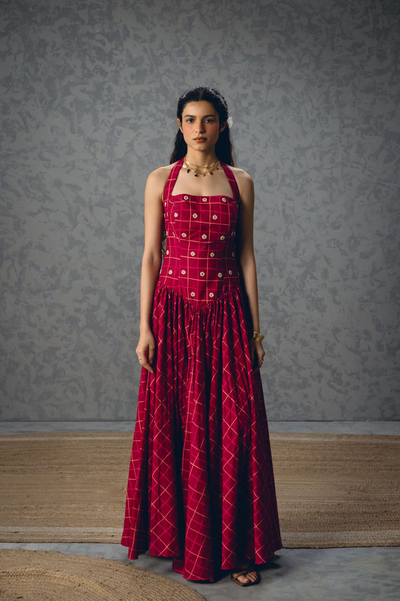 AKARI DRESS- MAROON poplin by Paulmi & Harsh for women Worldwide