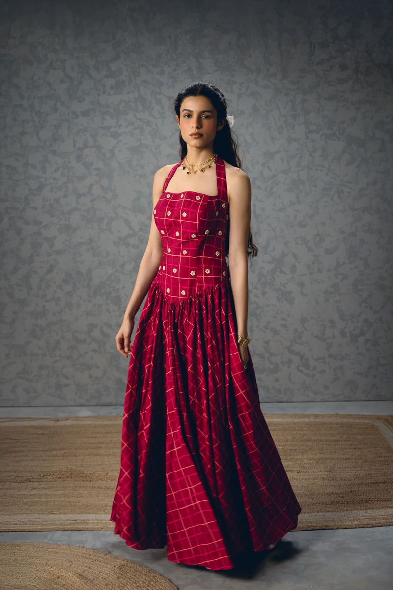 AKARI DRESS- MAROON poplin by Paulmi & Harsh for women Worldwide