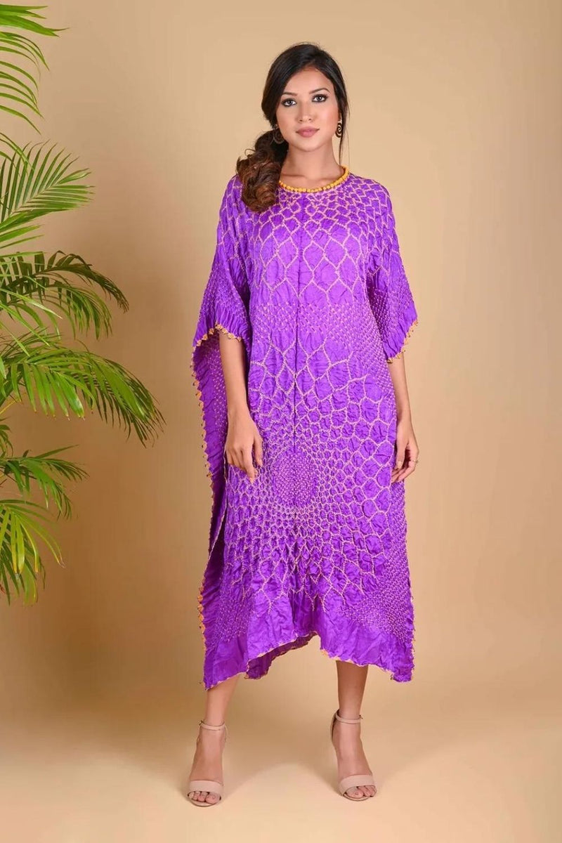 THREE FLOWERS KAFTAN-LAVENDER silk by Dyelogue for women Worldwide