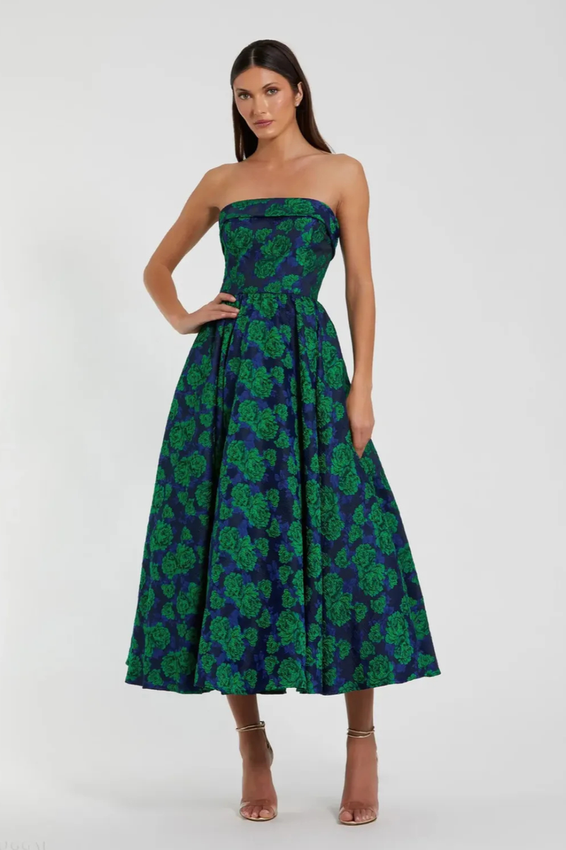 Blue and Green Brocade Strapless A Line Midi Dress brocade by Mac Duggal in multi color for women Worldwide