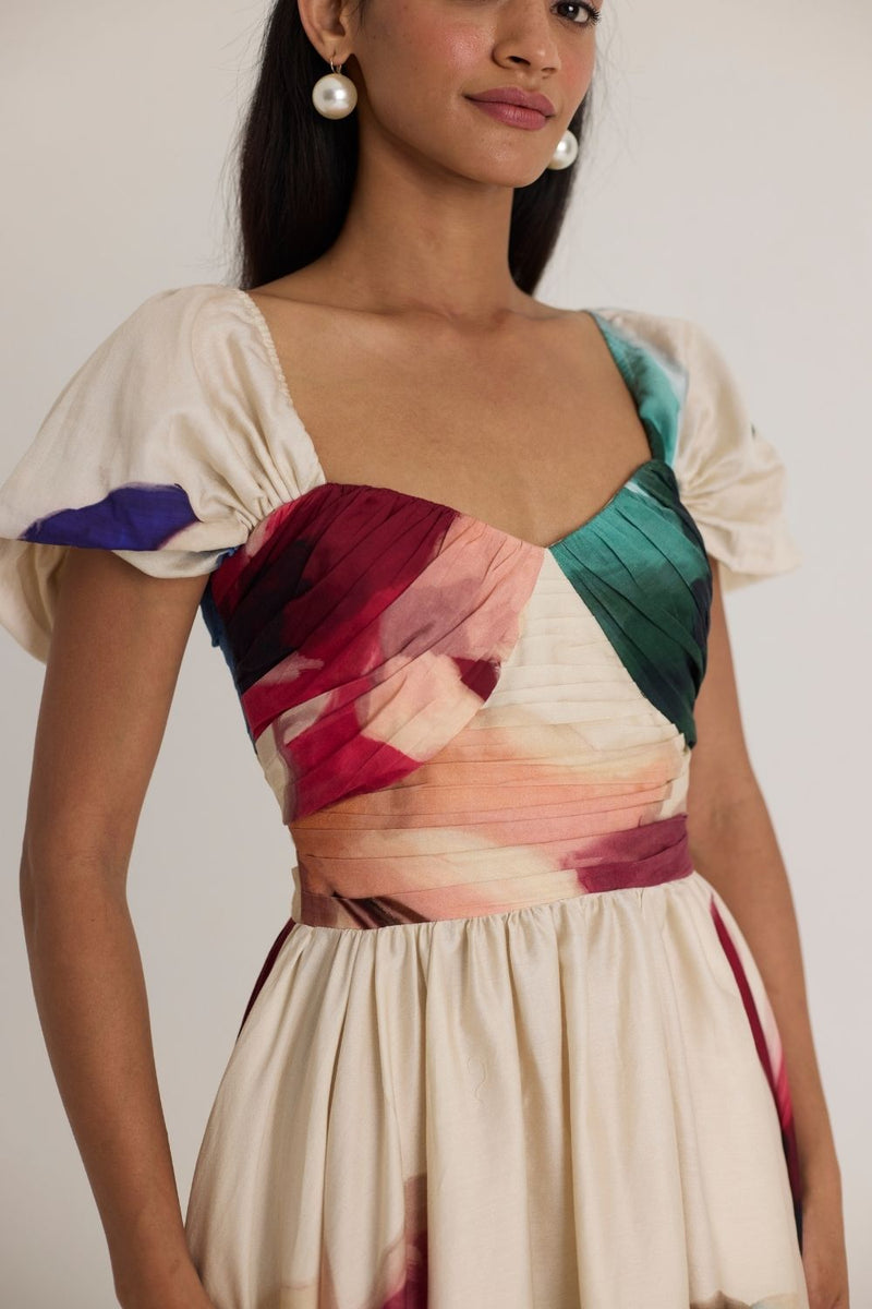 LILA PUFF SLEEVE DRESS satin by Yam in white color for women Worldwide