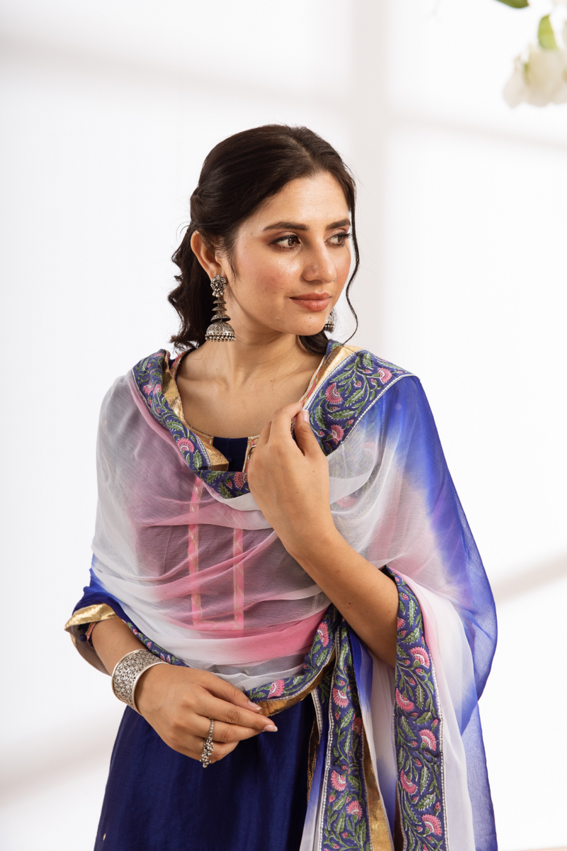 Rasika Neela Sharara Set - blue hand block printed chanderi sharara set chanderi by Maison Shefali in blue color for women Worldwide