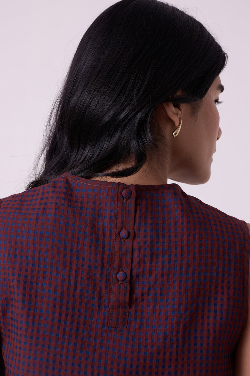 Ori Blue Checkered Handwoven Top handwoven silk cotton top/shirt by The Summer House in blue for women Worldwide
