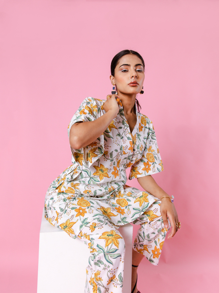 Yellow Dahlia Kimono Co-Ord Co-ord Set by Marche in white color for women Worldwide