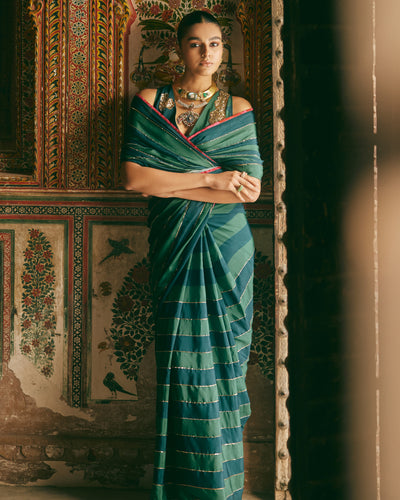 Khel Teal Green Stripe Saree With Waistcoat Blouse