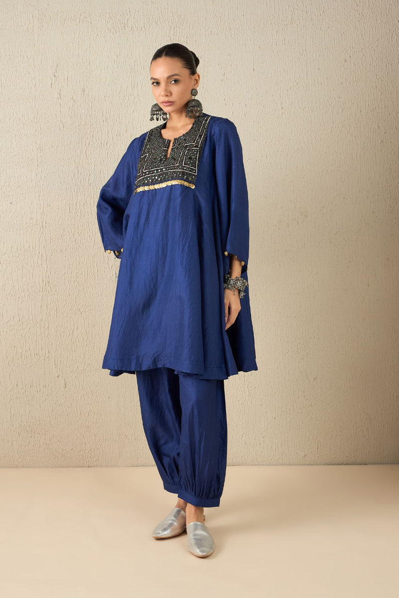 AFGHANI SILK SET - Navy Blue silk by Aavidi in yellow color for women Worldwide