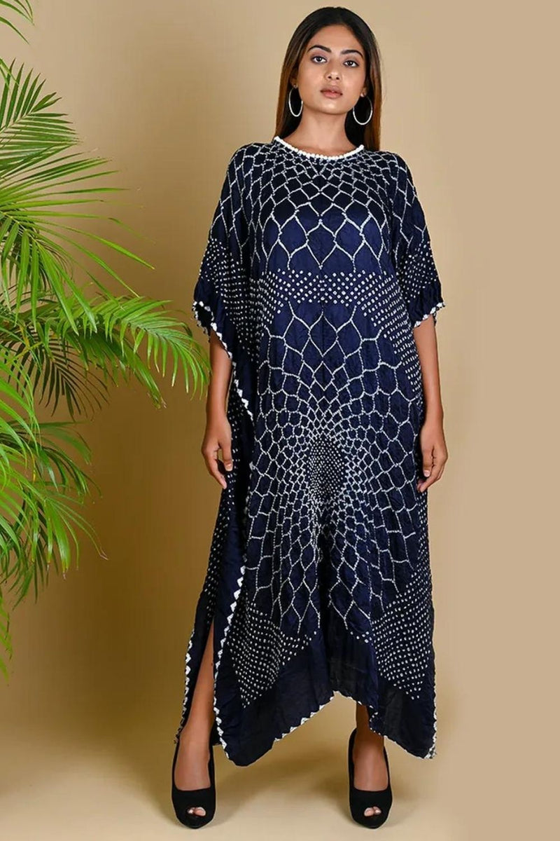 THREE FLOWERS KAFTAN-INDIGO BLUE silk by Dyelogue in blue color for women Worldwide