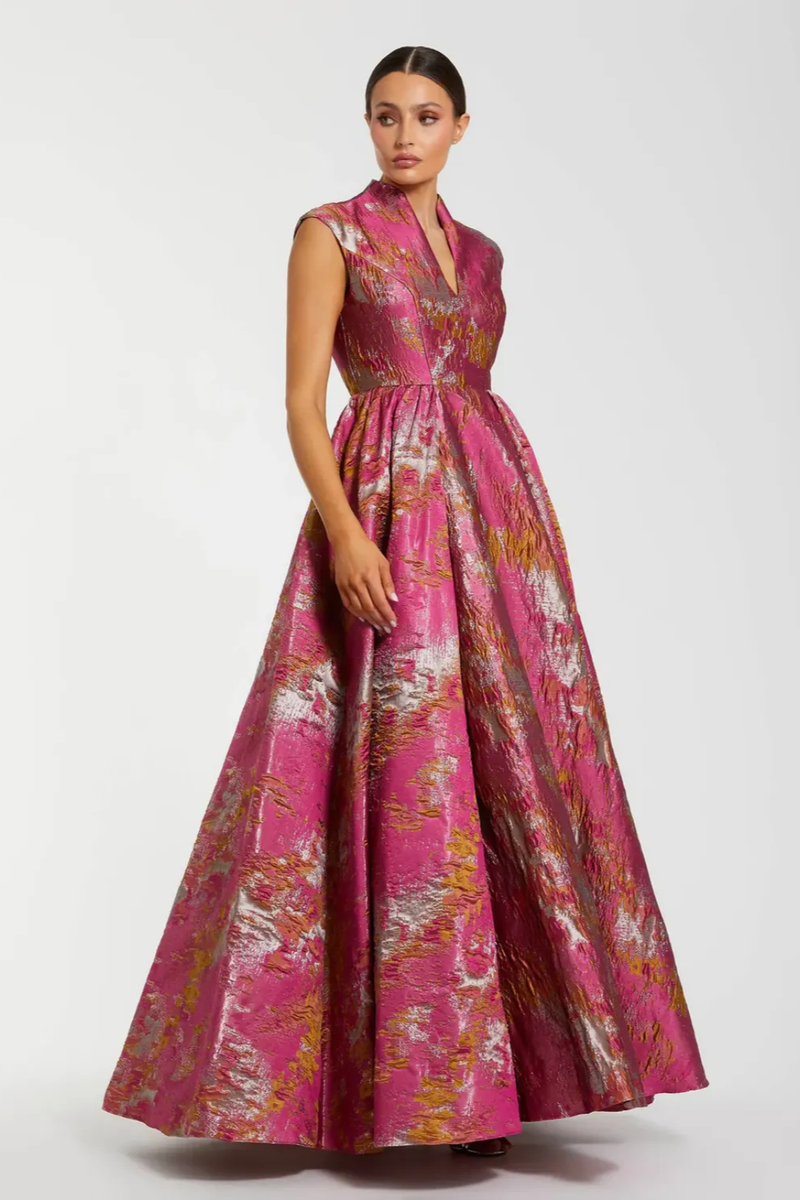 Pink Metallic Jacquard Ball Gown with Mandarin Collar brocade by Mac Duggal in multi color for women Worldwide