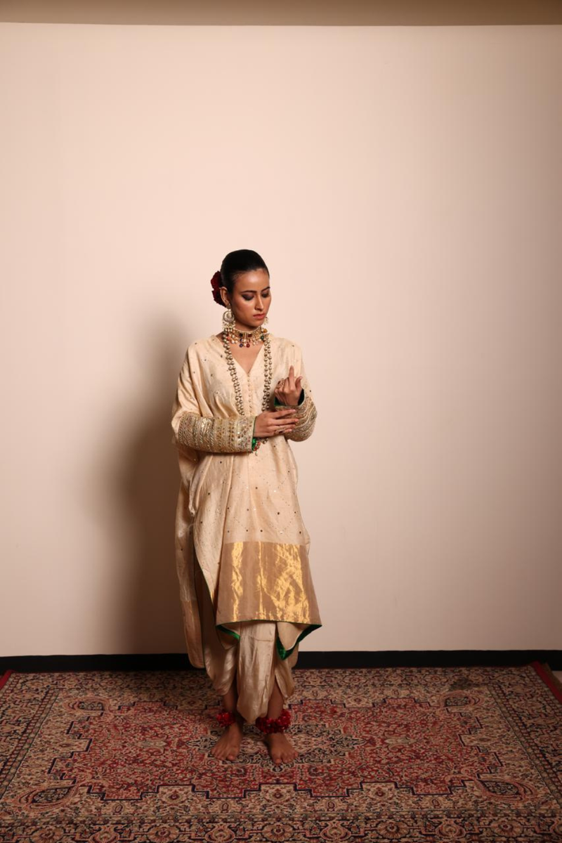 Beige Tussore Silk Baadla Kurta & Dhoti Set by Sabo by Sabina for women Worldwide