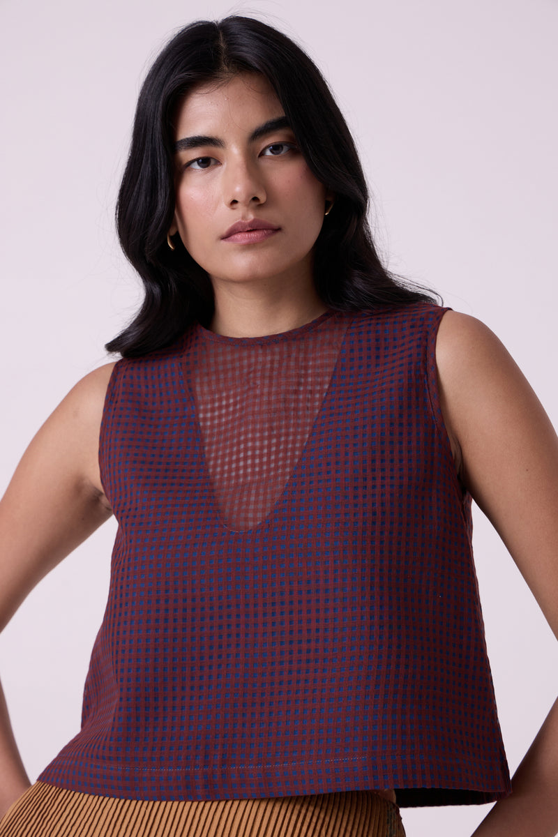 Ori Blue Checkered Handwoven Top handwoven silk cotton top/shirt by The Summer House in blue for women Worldwide