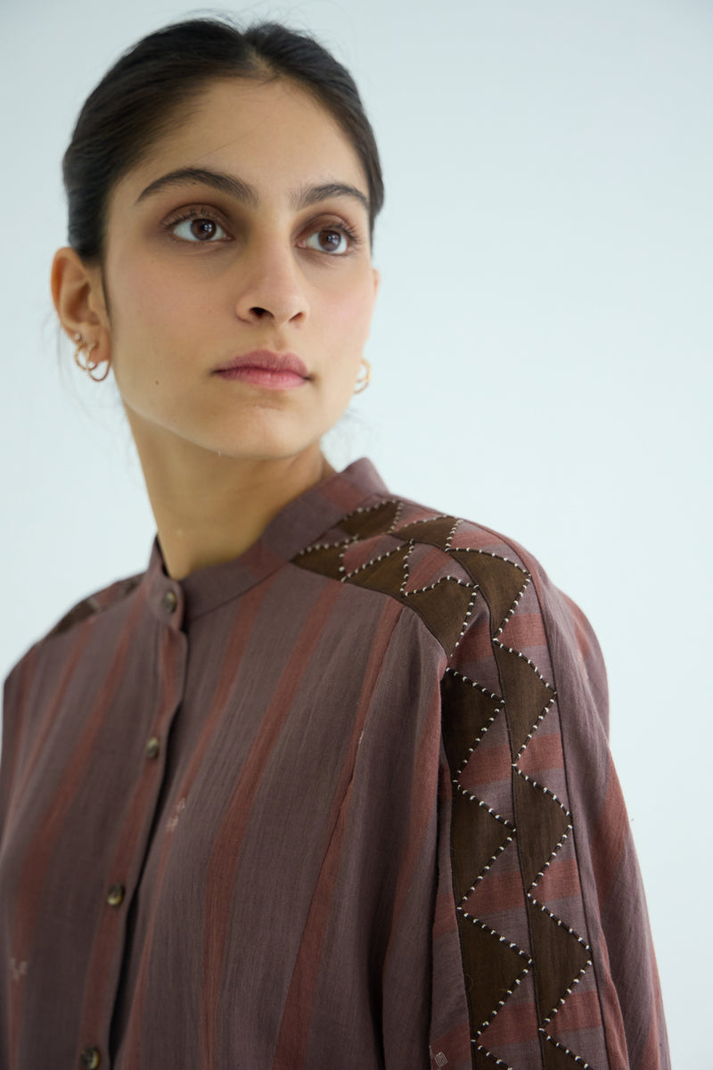 Amer Brown Handwoven Embroidered Top handwoven jamdhani cotton top/shirt by The Summer House in brown for women Worldwide