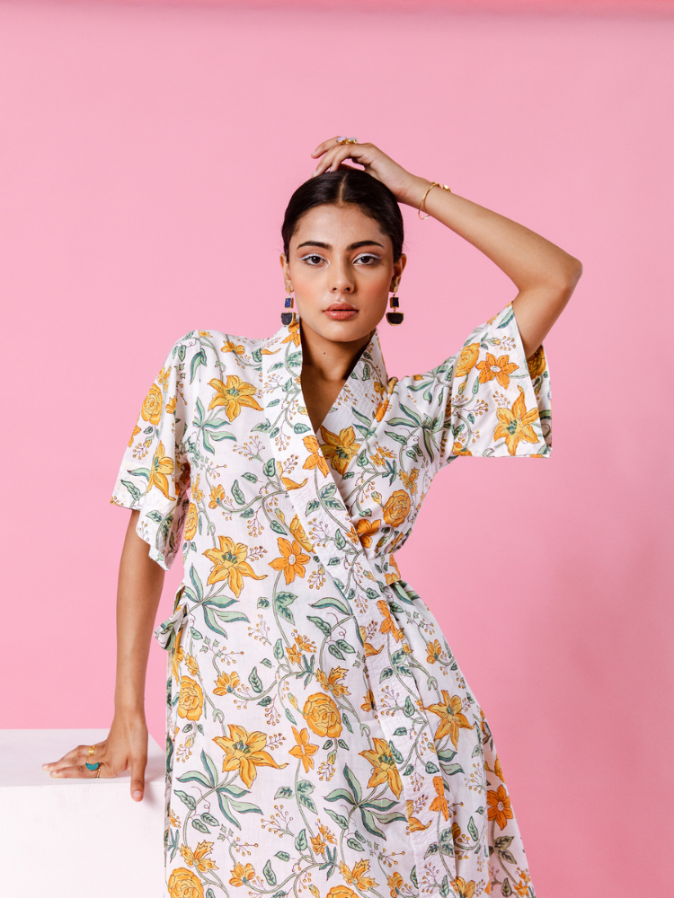 Yellow Dahlia Kimono Co-Ord Co-ord Set by Marche in white color for women Worldwide