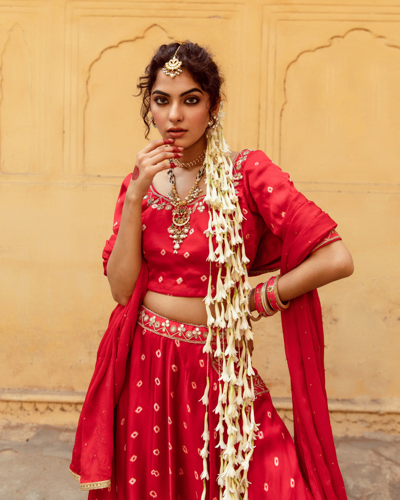 Red & White Bandhej Print Lehenga Set satin by Maison Shefali in multi color for women Worldwide