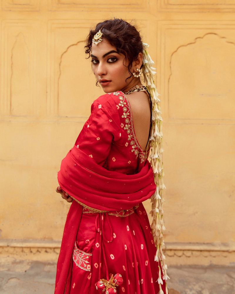Red & White Bandhej Print Lehenga Set satin by Maison Shefali in multi color for women Worldwide