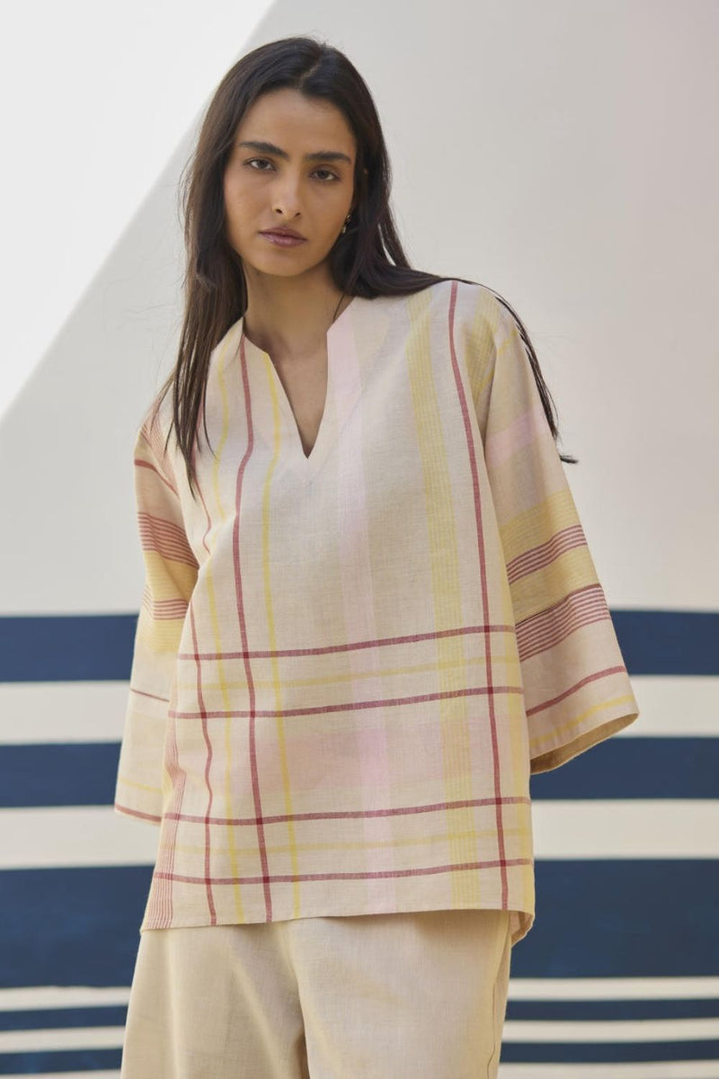 Kira Check Linen Top - Sand by Manan in natural color for women Worldwide