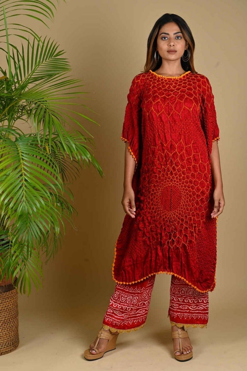 THREE FLOWERS KAFTAN-RED silk by Dyelogue in red color for women Worldwide